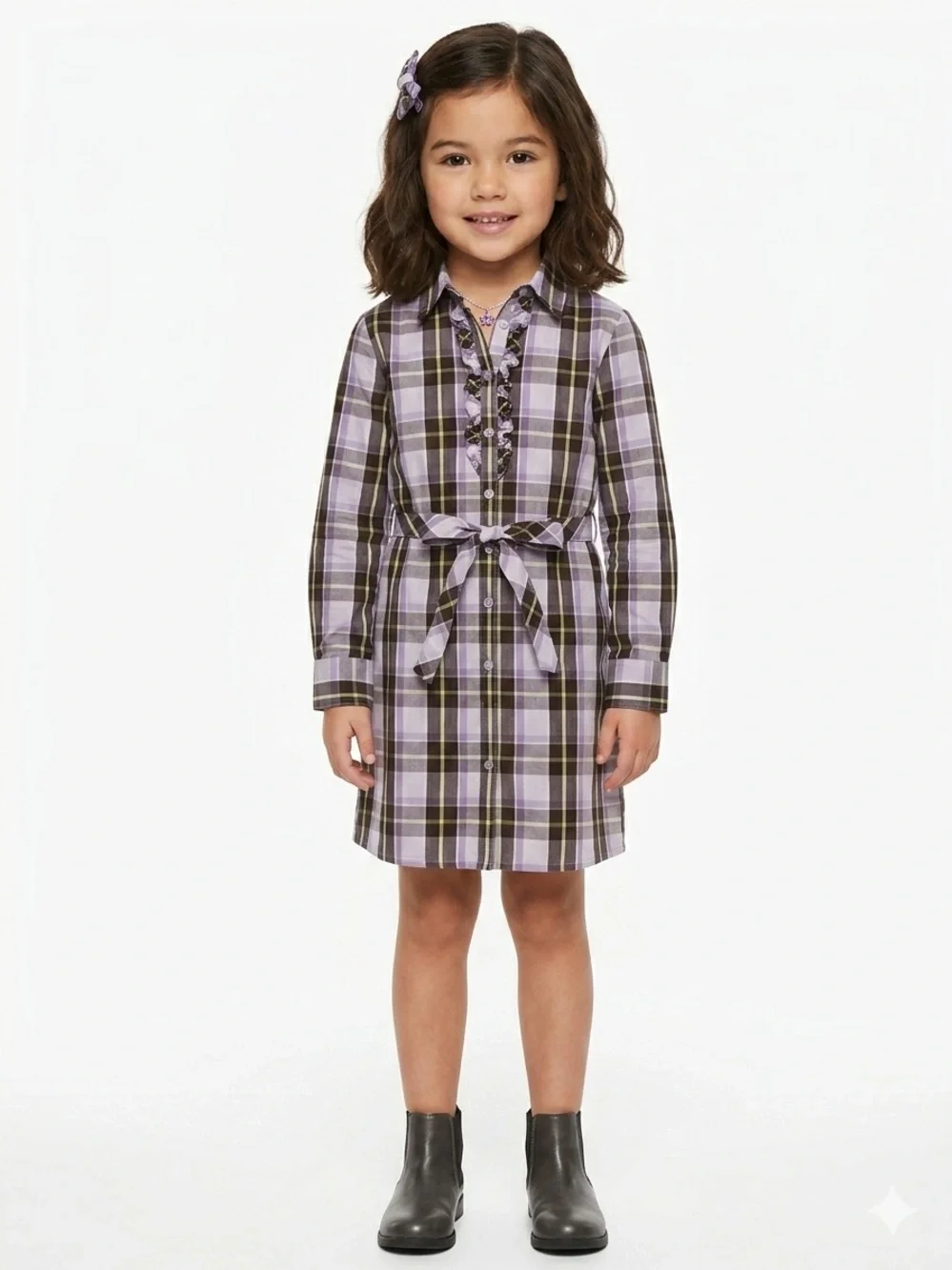 Gymboree Lavender Plaid Button-Front Shirt Dress Tie Waist Ruffle Placket Sz 6